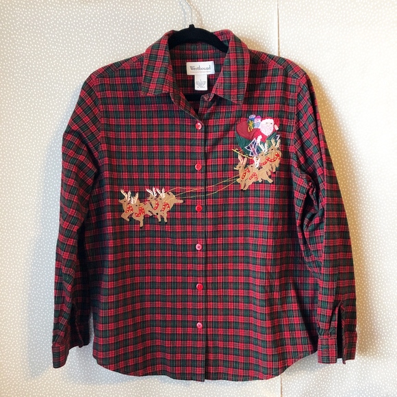 Vintage Tops - Ugly Christmas Sweater Button Up Red Green Tacky